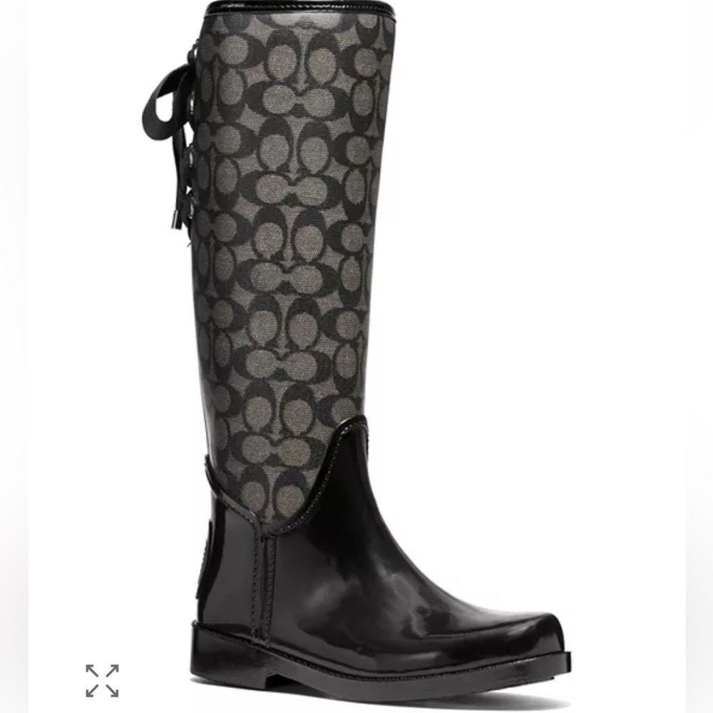COACH Tristee Logo Lace-Up Rain Boots Black Gray Patterned Knee-High Boots sz 8